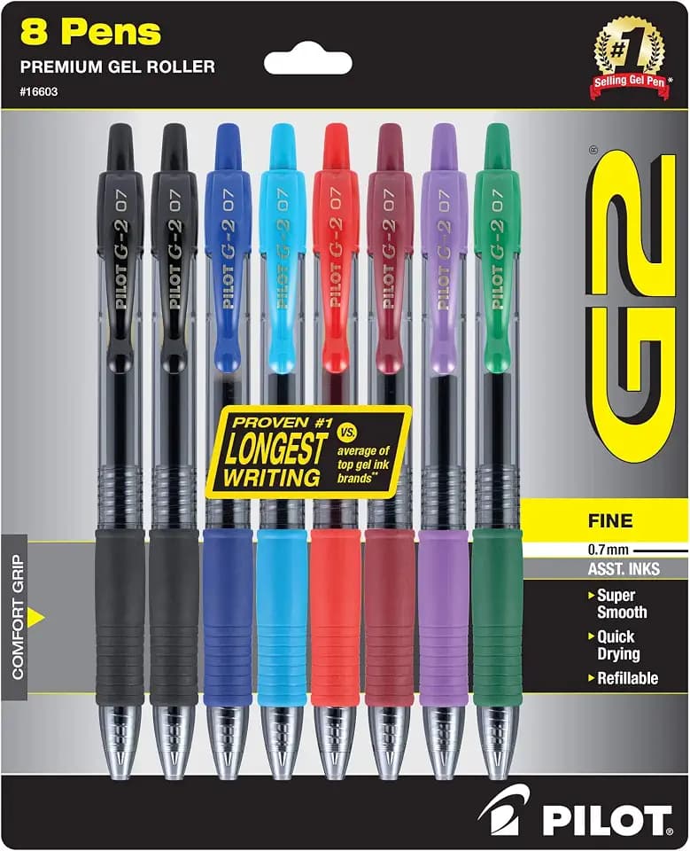 PILOT G2 Premium Gel Ink Pens, Fine Point 0.7mm, Assorted Inks, 8 Count