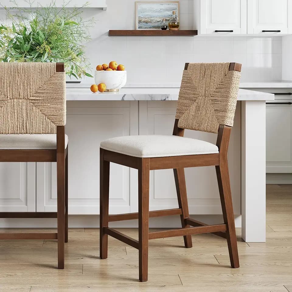 Nathan James Beacon Bohemian Boucle Bar Stool, Upholstered Bar Stool or Island Chairs for Kitchen, Seagrass Counter Height Stool with Back and Solid Wood Legs, Cream Boucle/Dark Brown