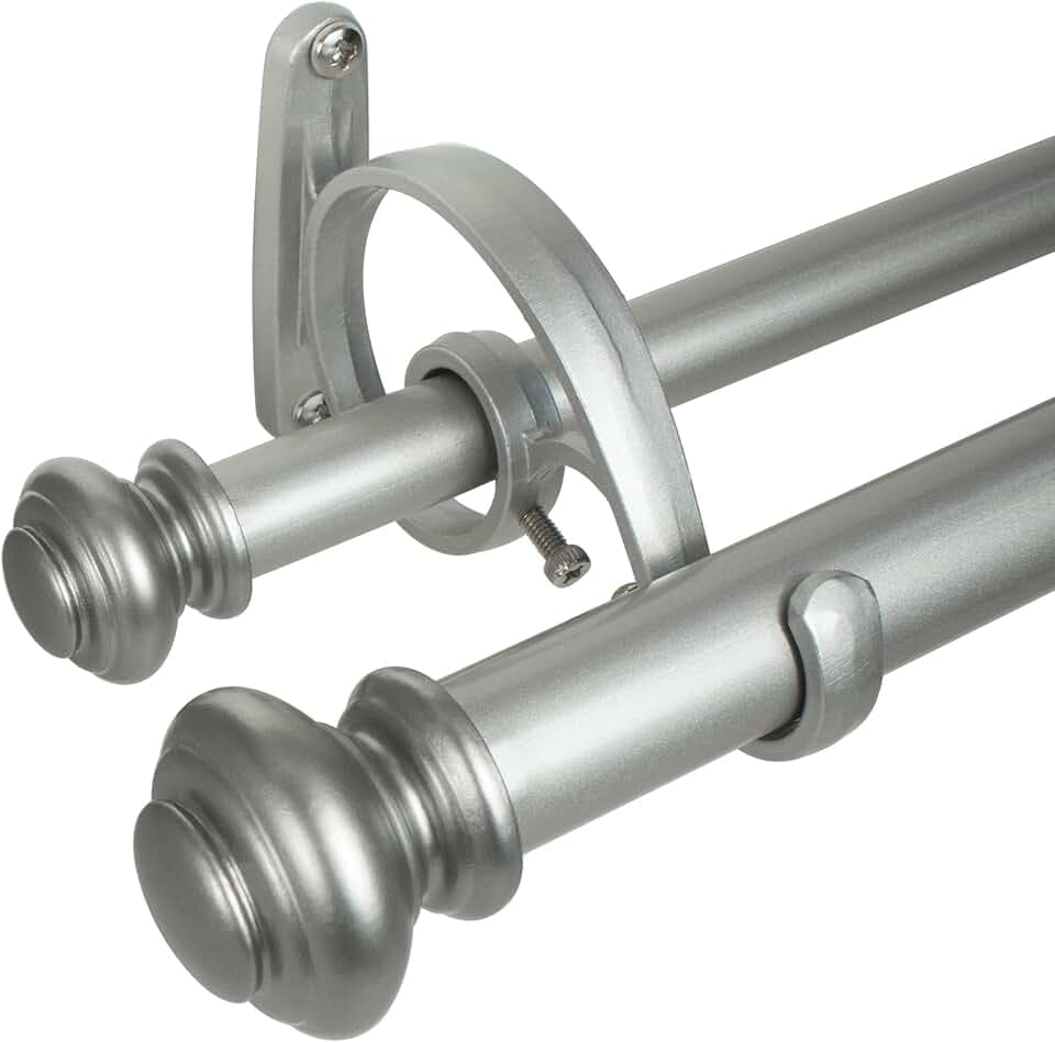 Decopolitan Urn Telescoping Double Drapery Rod Set, 72-144", Antique Silver
