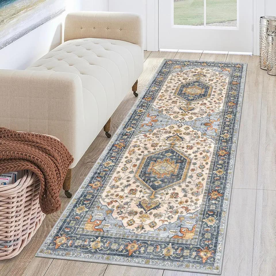 KUTA Runners for Hallways 2x6 Ivory Blue Vintage Washable Kitchen Runners