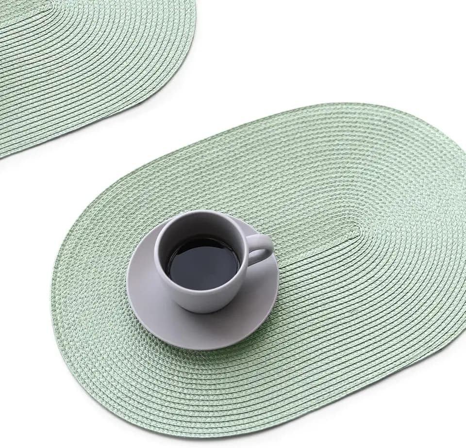 FunWheat Oval Braided Placemats Set of 8 Table Mats for Dining Tables Washable Heat Resistant Place Mats for Indoor Outdoor Use 12 x17.5 Inch(Oval Fog Green, 8pcs)