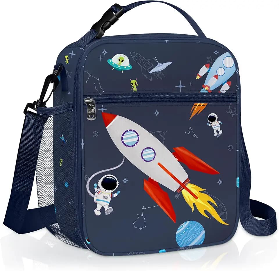 Clastyle Space Insulated Kid Lunch Bag for Boy Lunch Box, Blue Rocket
