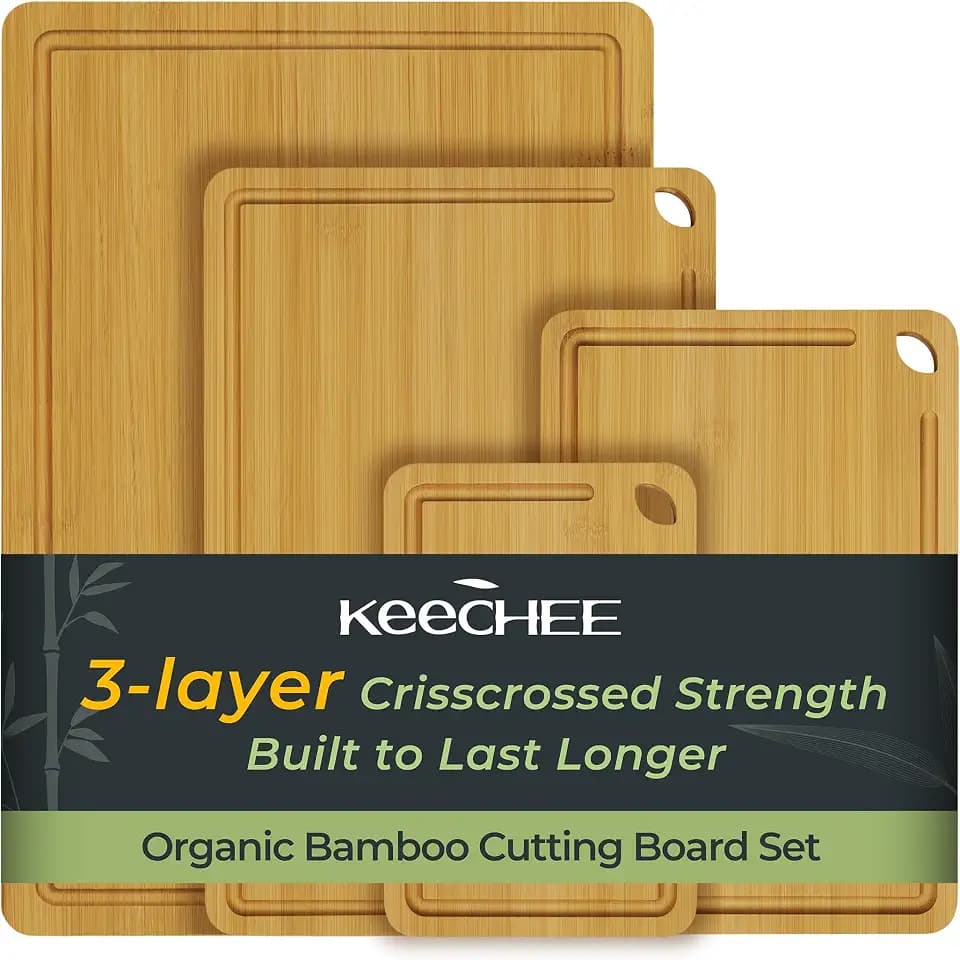 Keechee Kitchen Tools 4-Pcs Natural Bamboo Cutting Board Set With Non-Slip Design For Meat, Veggies & Cheese(4Pcs)