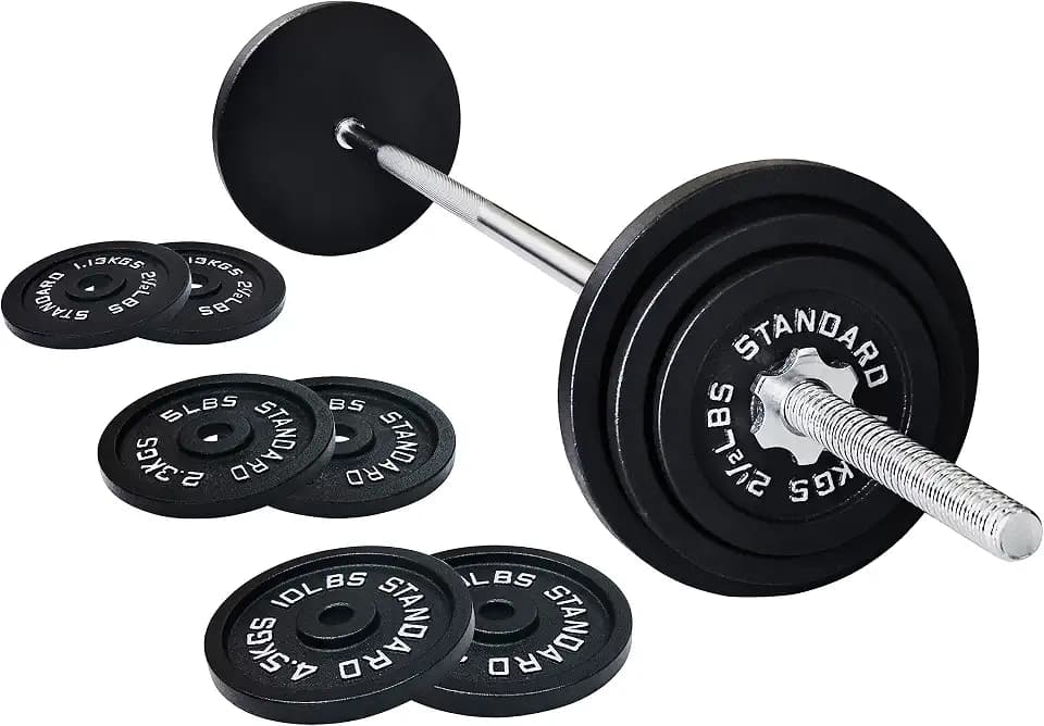 Fitvids Cast Iron Standard Weight Plates Including 5FT Standard Barbell with Star Locks, 45-Pound Set (35 Pounds Plates + 10 Pounds Barbell), Multiple Styles