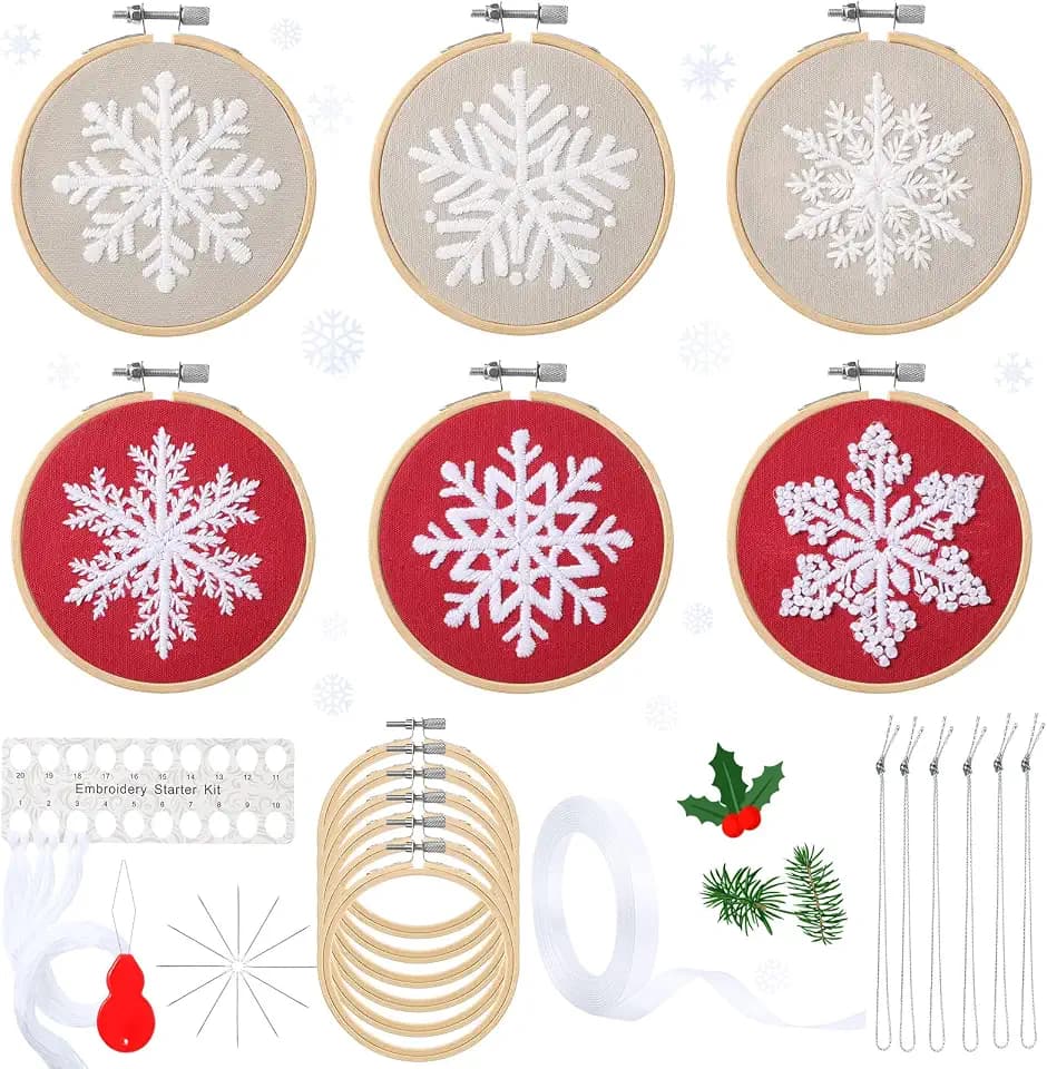 Roowest 6 Sets Christmas Embroidery Kits Snowflake Ornament DIY,Red, White