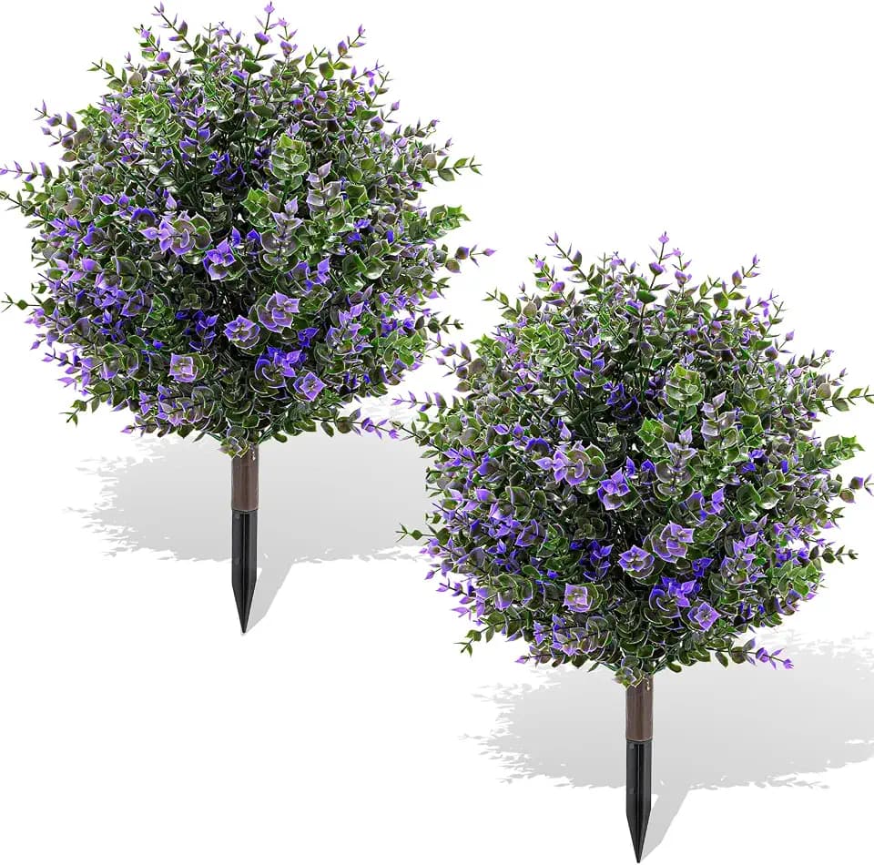 Artificial Boxwood Topiary Ball Trees with Ground Spikes UV Resistant Faux Greenery Shrubs Fake Shrubs for Outdoors, Realistic Faux Plants Bushes for Garden Porch Yard Patio Decor (Purple Green)
