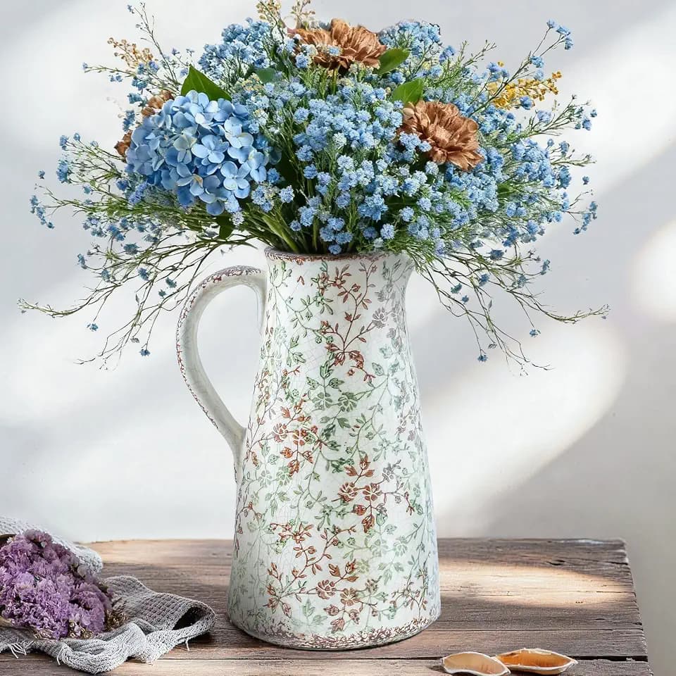 Enra Decorative Pitcher Vase, 12.2" Green Floral Ceramic Vase with Handle