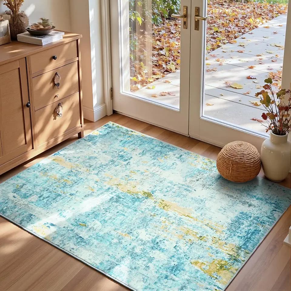 Entryway Rug 3x5 Teal Blue Bedroom Area Rug Washable Non Slip Abstract Boho Rugs for Indoor Entry, Kitchen, Classroom, Bathroom, Kids Girls Room, Office, College Dorm Small Carpet