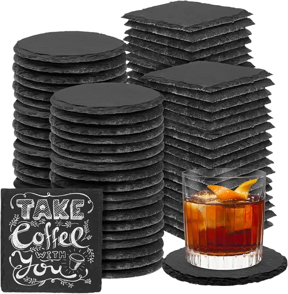 72 Pcs Slate Coasters, 4 inch Black Stone Coaster Set, Square,Round