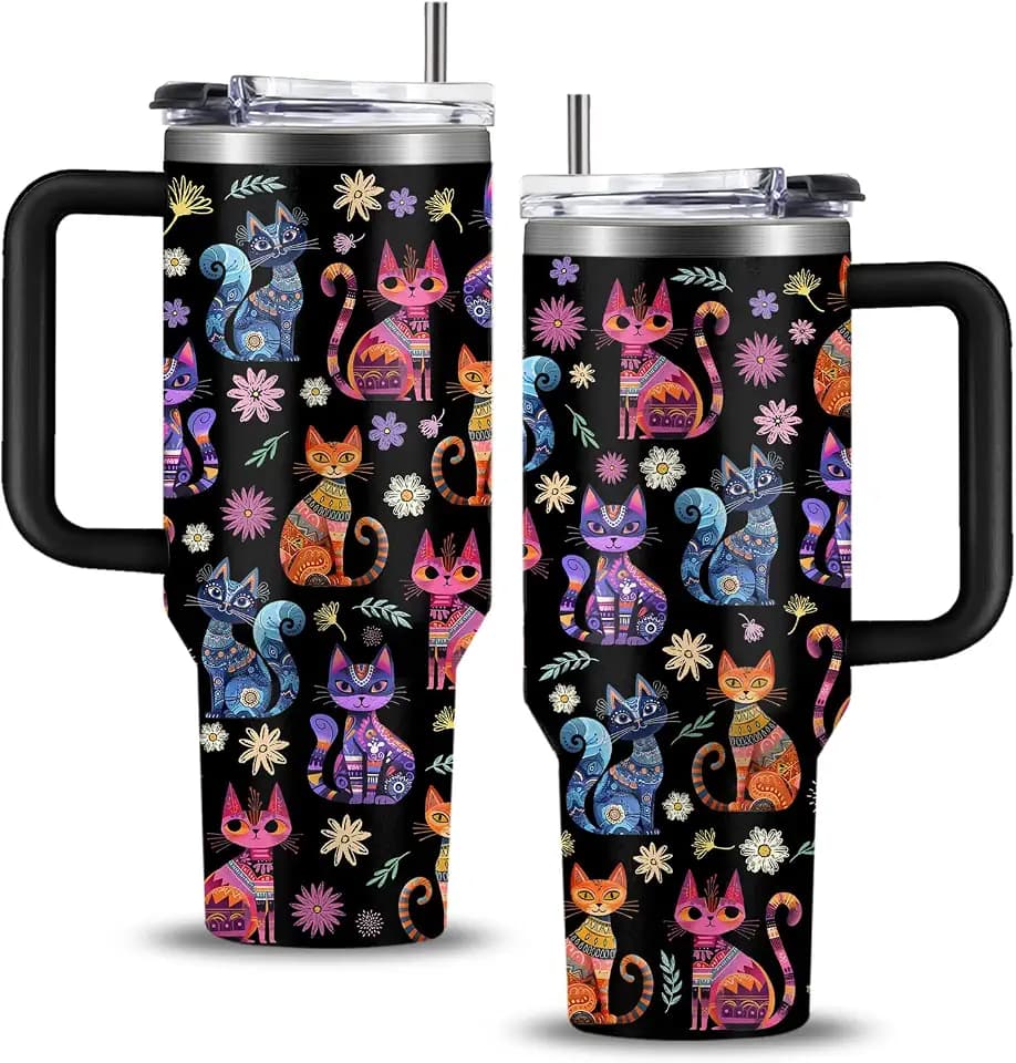 Cat Gifts for Women Cats Tumbler with Handle 40Oz Christmas Birthday Flowers & Elegance Cats Gift for Cat Lover Owner