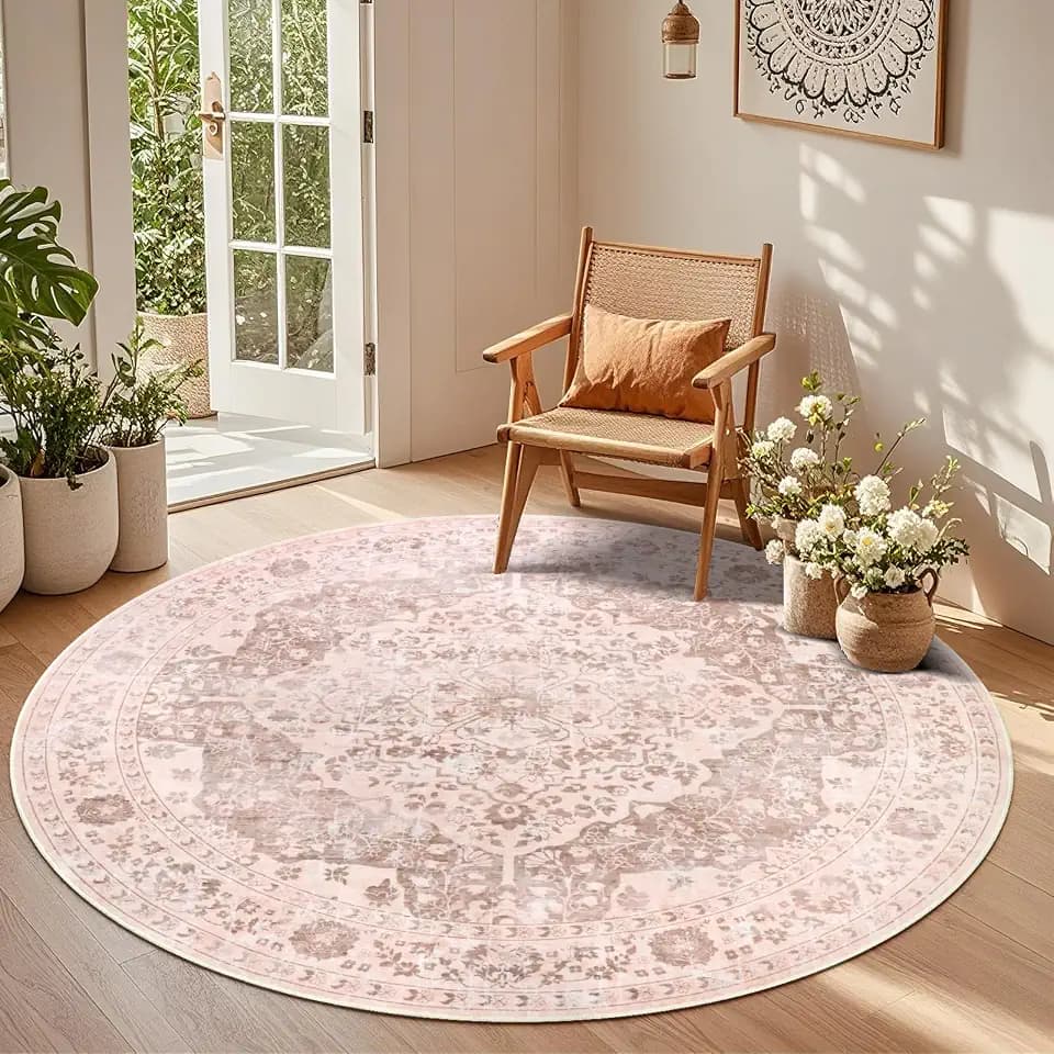 nesrt Boho Washable Round Rugs 6ft for for Living Room, Soft Non-Slip Circle Kids Bedroom Rugs, Faux Wool Low Pile Printed Kids Nursery Area Floor Carpets for Dining Room Doorway Playroom (Pink)