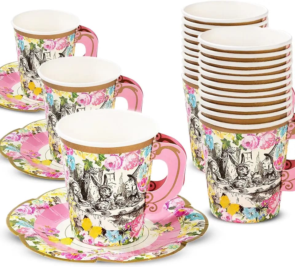 Talking Tables 12 x Alice in Wonderland Disposable Paper Tea Cups Set with Saucers, Mad Hatter Tea Party Tea Cups Decorations for Mother's Day, Birthday, Baby ShowerS