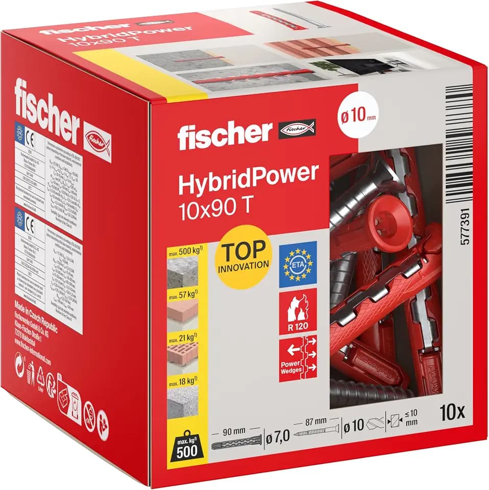 Fischer HybridPower 10 x 90 T, Dübel für Höchste Tragfähigkeit und Sicherheit, Einfache Montage ohne Setzwerkzeug, Universell für Loch- und Vollbaustoffe, Mauerwerk, Beton, Sicher auch im Brandfall