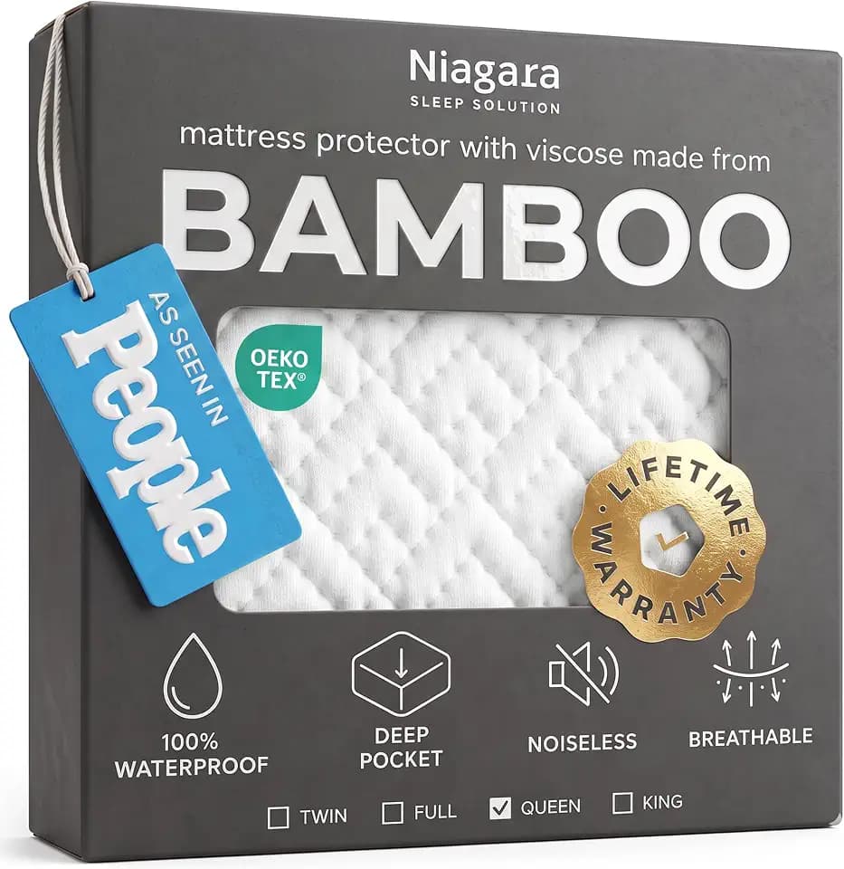 100% Waterproof Queen Mattress Protector - 360 Pad Protection Against Spills, Stains & Accidents for Parents & Pet Owners - Noiseless & Cooling Viscose Made from Bamboo (White)