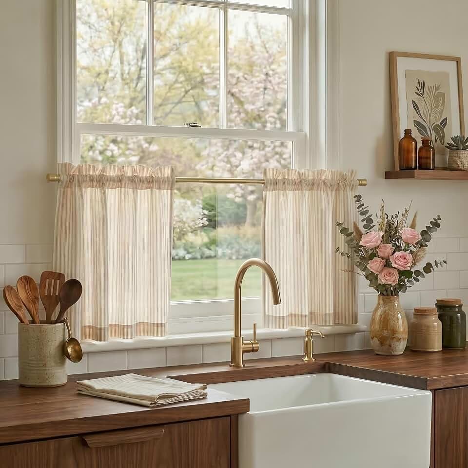 NICETOWN Yellow Linen Striped Print Kitchen Tier Curtains, 30x24, 2 Panels