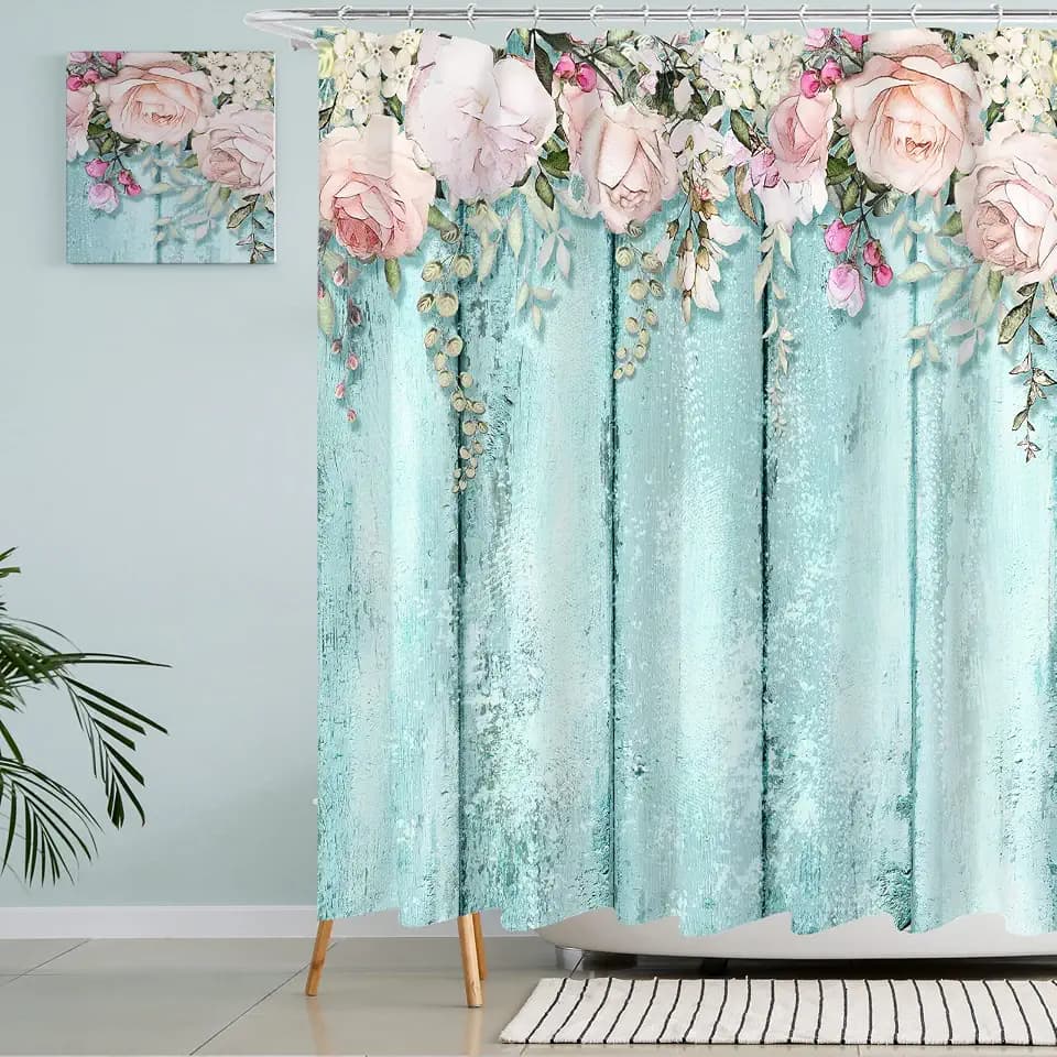 Tititex Pink Roses Shower Curtain Sets, Shabby Chic Rutic Teal Blue Wood Bathroom Decorative 70 X 70 Inch Polyester Waterproof Fabric Bathroom Curtain with Hooks