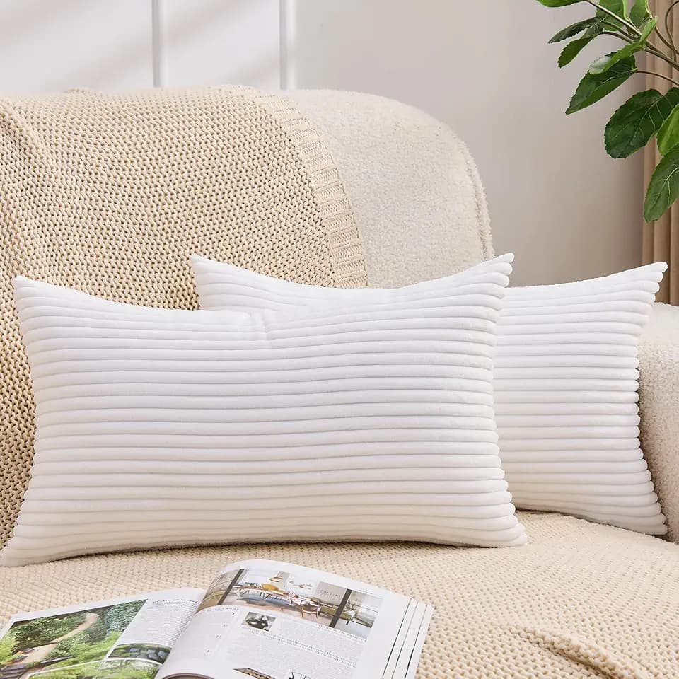 White Lumbar Throw Pillow Covers 16x24 Inch Pack of 2,Soft Corduroy Solid Striped Texture Cushion Covers Pillowcases,Minimalist Modern Home Decor for Sofa Couch Living Room Chair