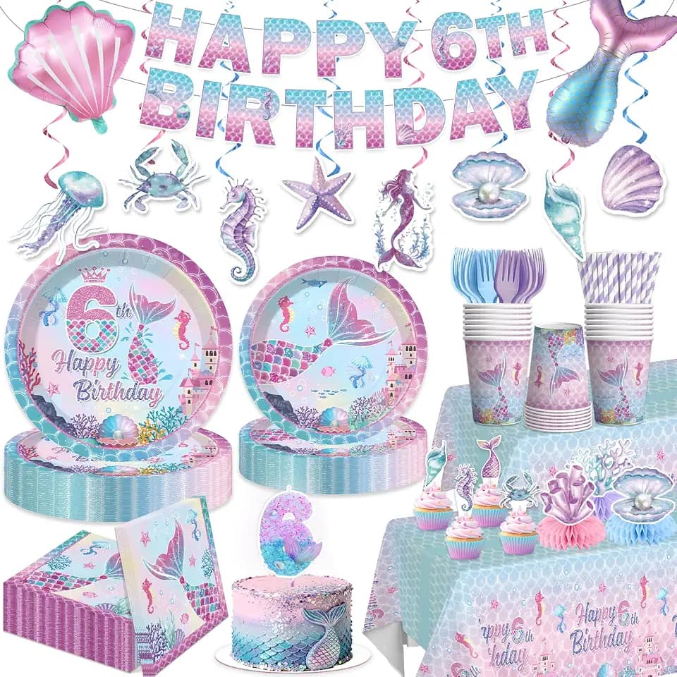 Xynic Mermaid Birthday Decorations for 6th Birthday, Serves 25