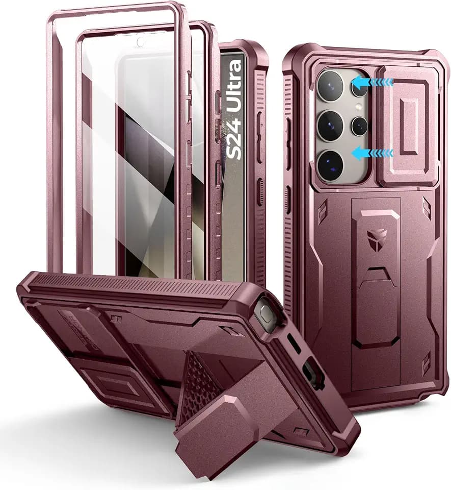 Dexnor for Samsung Galaxy S24 Ultra Case with Built-in Slide Camera Cover & Screen Protector & Kickstand,Shockproof Rugged Case Full-Body Bumper Protective Cover for Galaxy S24 Ultra (2024),Maroon Red