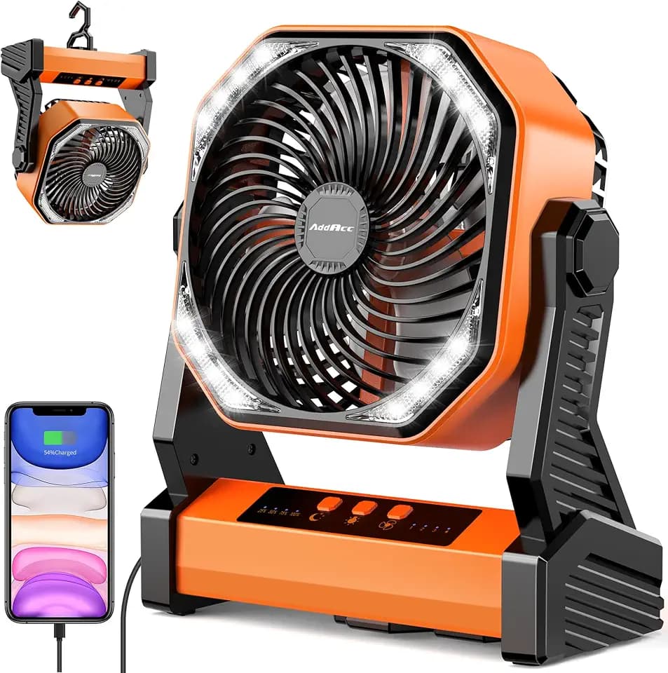 20000mAh Battery Powered Camping Fan, 58Hrs Rechargeable Portable Fan, 400LM Light, 360° Hook, Whisper Quiet Battery Operated Fan for Outdoor Car Travel Gear Essentials Power Outages Co-brand AMACOOL