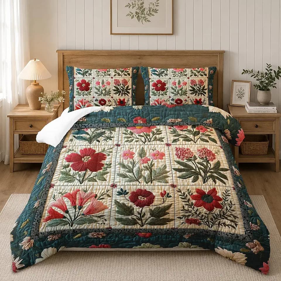 Flower Print Comforter Bedding Set King Size,Soft Floral Plant Retro Quilts King for Adults,Floral Green Quilt Bedding Set Bedroom Decor,Cute Flower Plant Pattern Comforter Room Decor