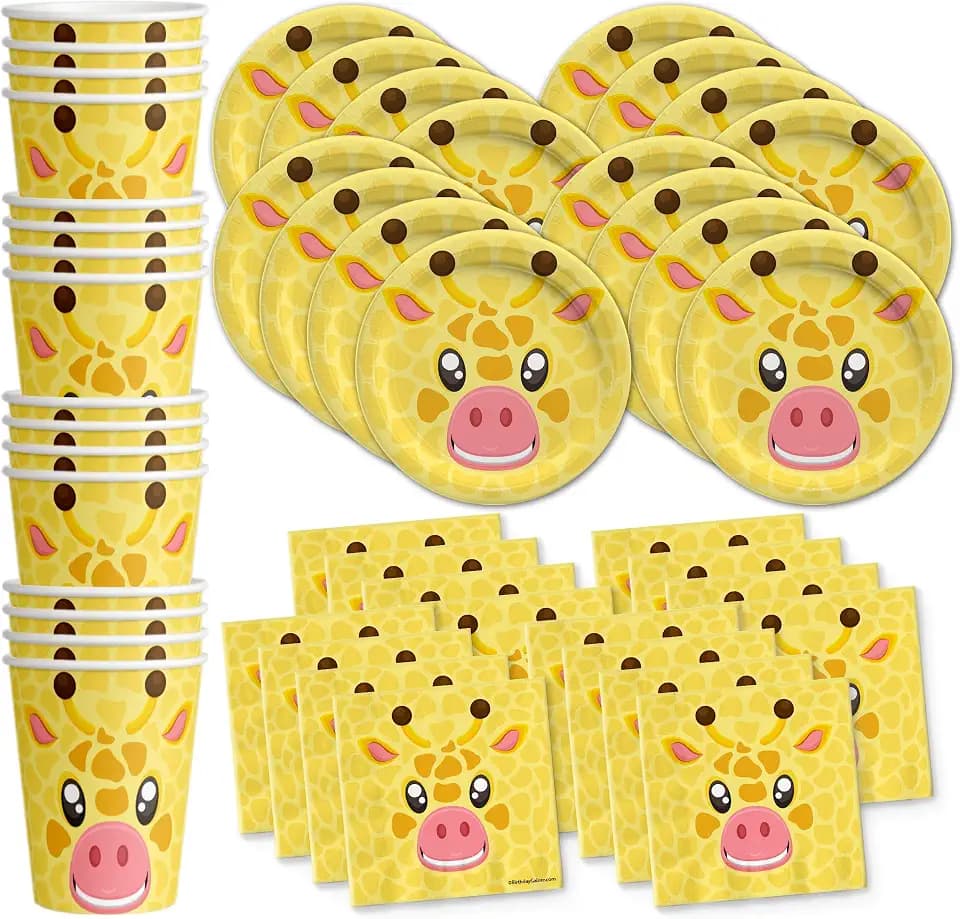 Giraffe Birthday Party Supplies - Jungle Animal Party Supplies - Zoo Animal Party Supplies - Giraffe Themed Party Supplies | Tableware Set Includes Plates, Napkins and Cups | Kit for 16 Set