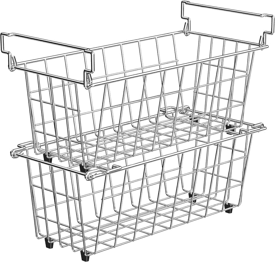 Chest Freezer Organizer Bins 2 Pack, Stackable Stainless Steel Wire Freezer Basket for Organizing, Pantry Storage Refrigerator Baskets for Sort Frozen Meats and Foods