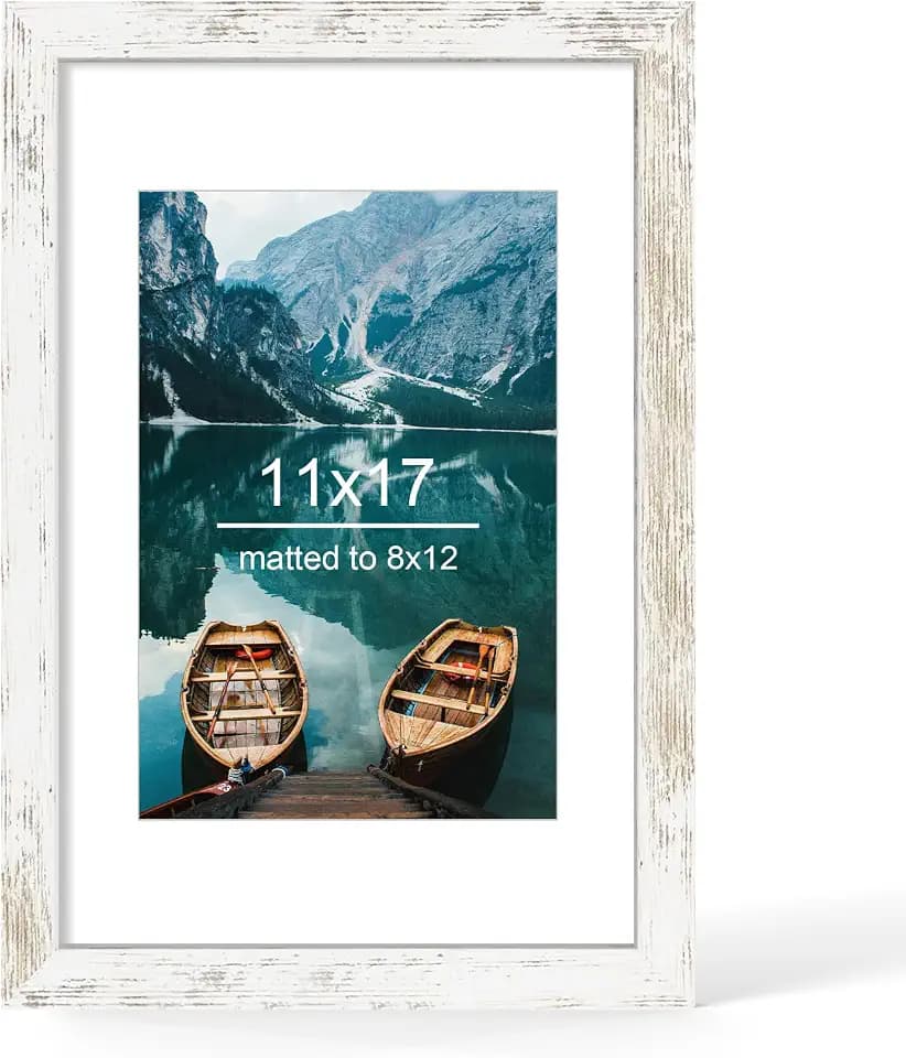 Hongkee 11x17 Picture Frame, Distressed White Wood Style, Wall Mounting