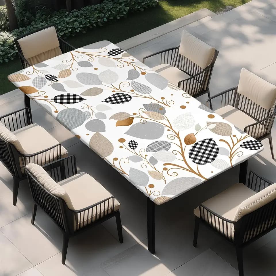 Rectangle Wipeable Tablecloth with Elastic, Fitted Waterproof Outdoor Tablecloth for 6 Foot Rectangle Tables, Picnic, Camping, 30"x48", Collage Leaves