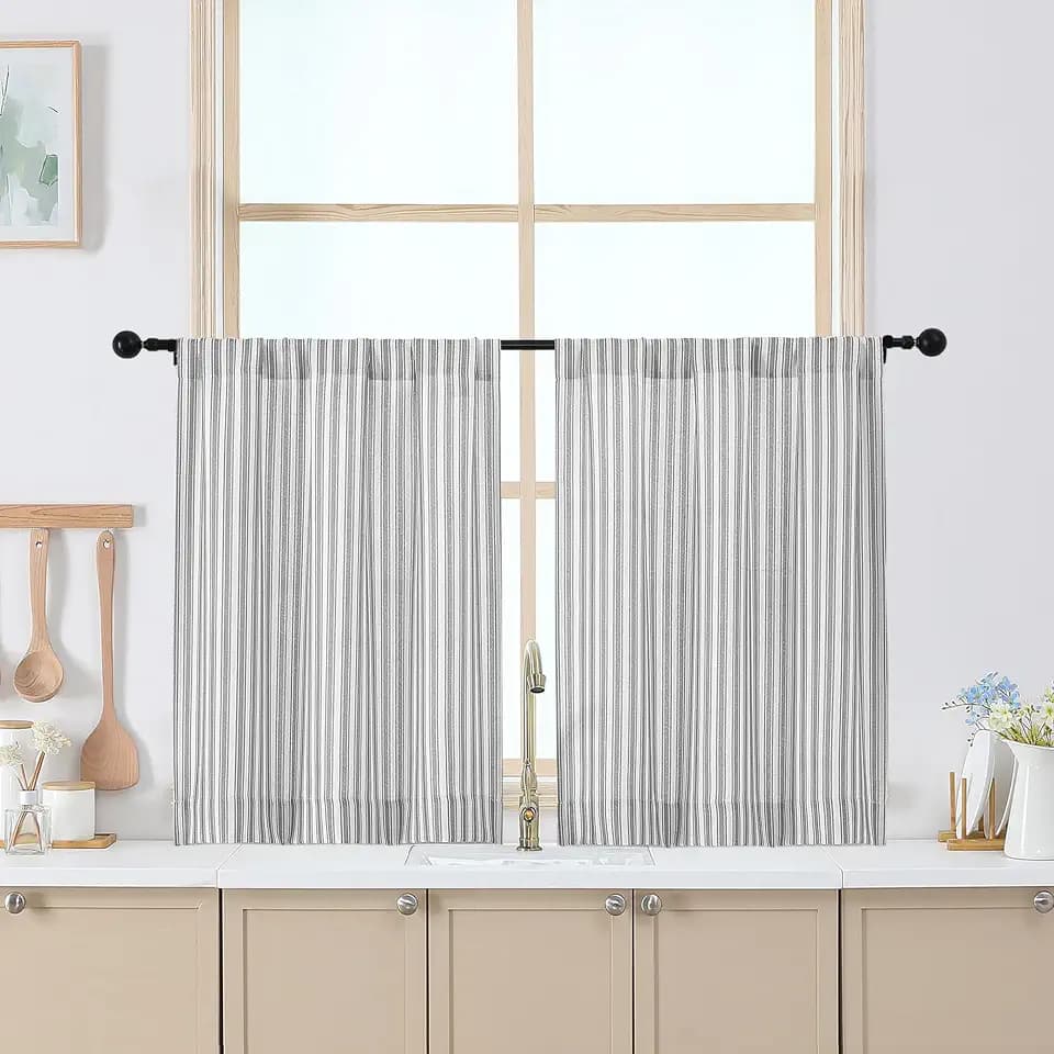 Chyhomenyc Striped Boho Curtains 24 Inch Length - Light Filtering Faux Linen Half Window Cafe Curtains, Farmhouse Short Curtain Tiers for Bathroom RV Camper, 30Wx24L, 2 Pieces, Grey