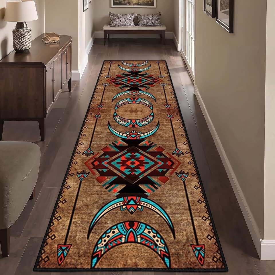 Native American Runner Rug, 2x7ft, Southwest Tribal Navajo Aztec Fancy Abstract Geometric Accent Rug, Low Pile Non-Shedding Cabin Decor Doormat Rugs for Hallway Farmhouse