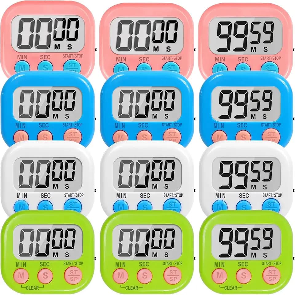 12 Pack Digital Kitchen Timers for Cooking, Loud Alarm Large LCD Display Magnetic Classroom Timers for Teachers Kids, Extensively Use in Classroom, Cooking, Meeting, Gym