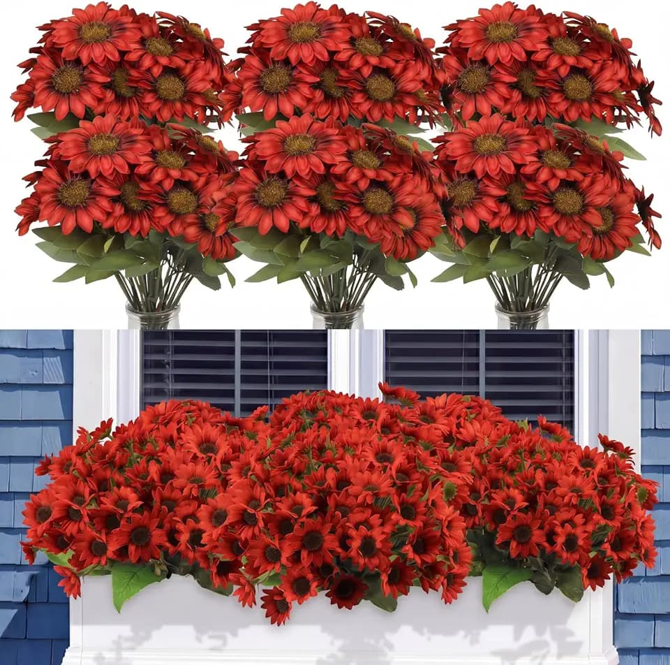 Redbaker 12 Bundles Fall Sunflower Red Faux Mums for Outdoor
