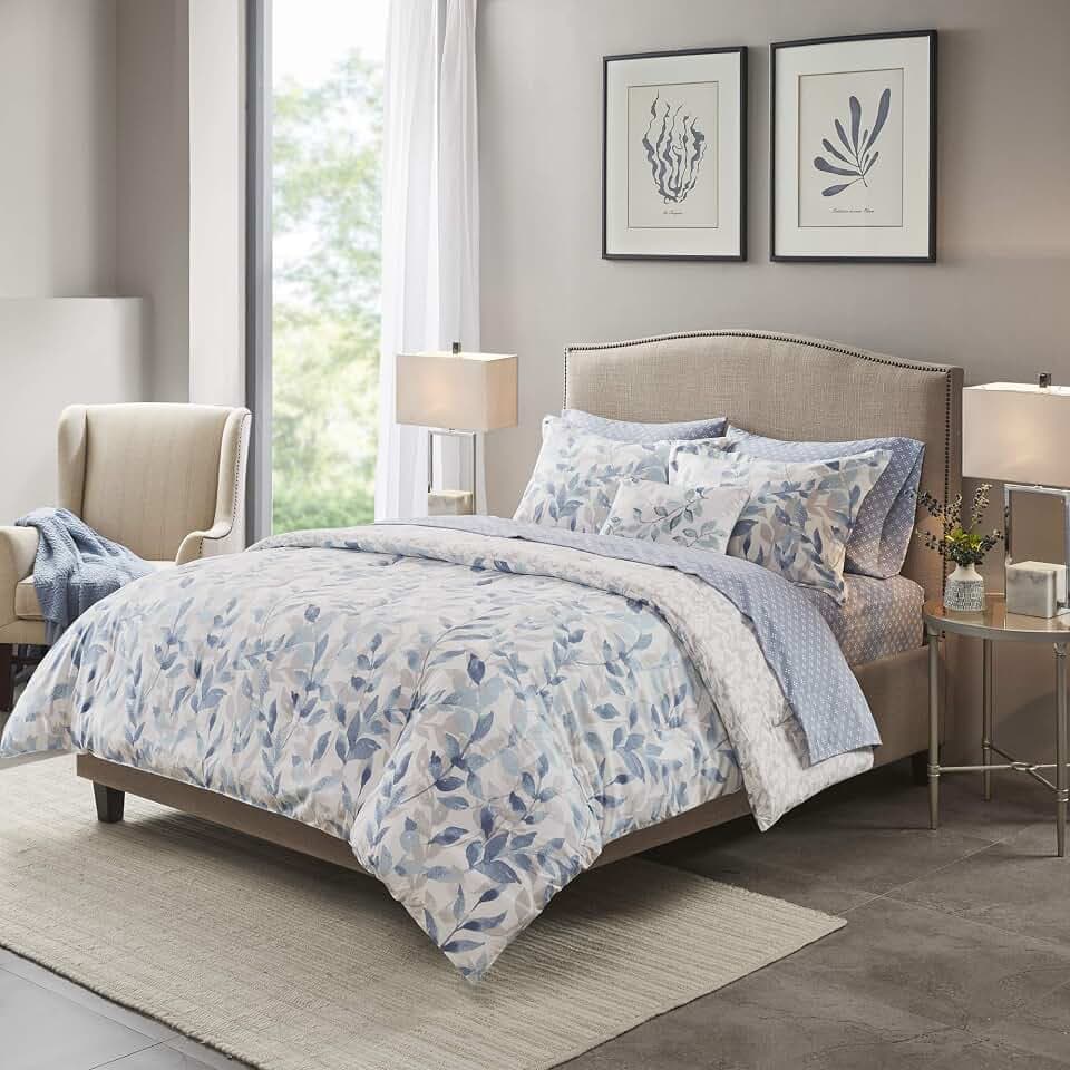 Madison Park Essentials Cozy Bed in a Bag Reversible Comforter with Complete Sheet Set - Modern Botanical Print All Season Cover, Shams, Decorative Pillow, King(104"x92"), Blue 8 Piece