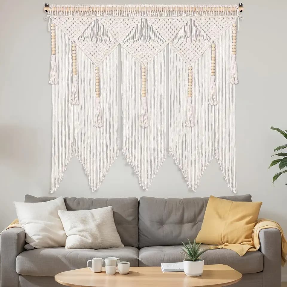 Buryeah 43 x 39 Inch Large Macrame Wall Hanging Boho Tapestry Macrame Wall Decor Cotton Tassel Macrame Curtain Beige Stylish Bohemian Wall Art for Home Living Room Bedroom Dorm Wedding