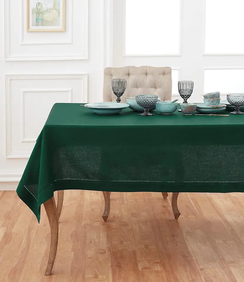 Solino Home 100% Pure Linen Tablecloth Rainforest Hemstitch, 60 x 90 in