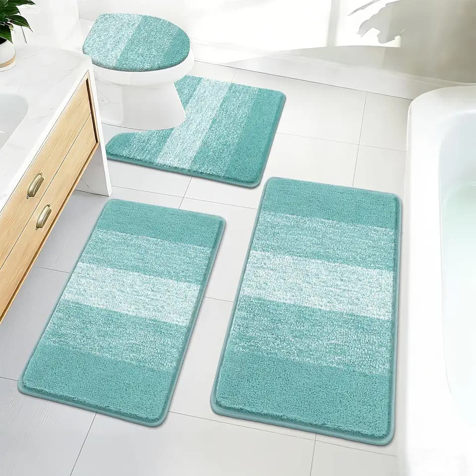 Bsmathom Bathroom Rug Set 4 Piece, Plush Microfiber Bath Mat, Teal