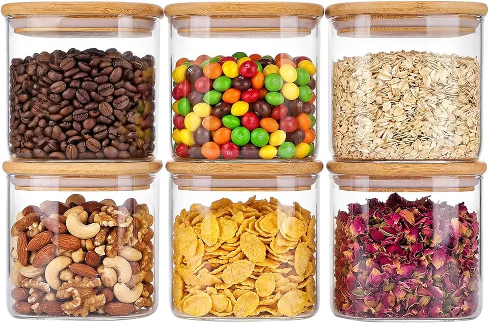 6pcs Glass Food Storage Containers with Bamboo Lids, 0.6qt Glass Jars