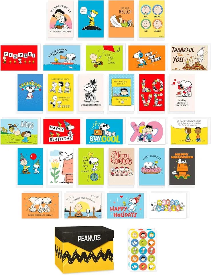 American Greetings 33-Count All-Occasion Peanuts Card Pack, Assorted Classic Peanuts Characters