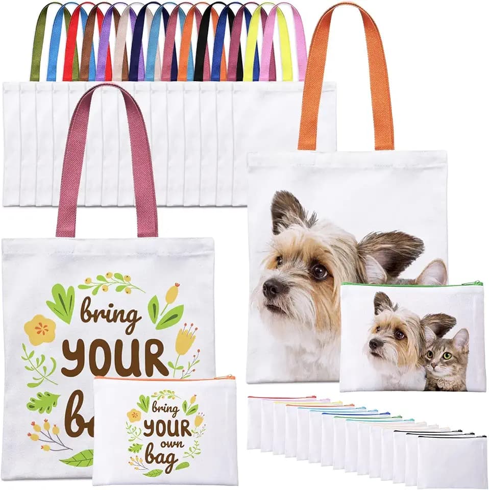 30-Pack Sublimation Blanks Tote Bags, 15 Canvas Tote & 15 Makeup Bags