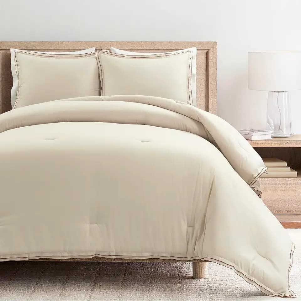 Lush Decor Hampton Double Flange Embroidered Contrast Edge Cotton Comforter Set, 3 Piece Set, King, Neutral & Copper - Hotel Bedding Set - Embroidered Trim - Beige Comforter - Minimalist Decor