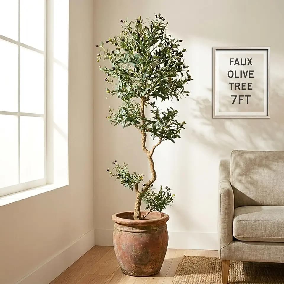 Fake Olive Tree 7.0 Feet – Artificial Plants Indoor, Faux Olive Tree, Fake Tree for Home Decor, Faux Trees Indoor for Living Room, Office, Bedroom – Tall Artificial Trees for Home, Designer Tree