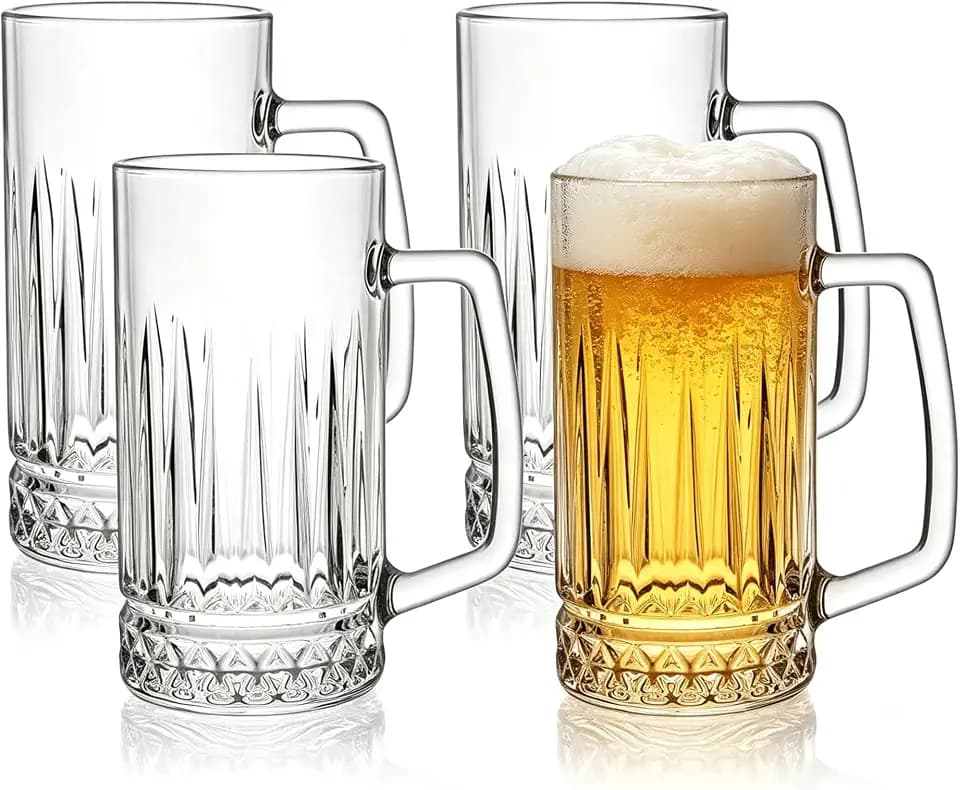 Beer Mugs For Freezer, 20 oz Large Heavy Glass Mugs with Handles Set of 4, Clear Large Beer Steins for Tea, Coffee, Lead-Free Glasses Oktoberfest Style, Gifts for Husband or Friend