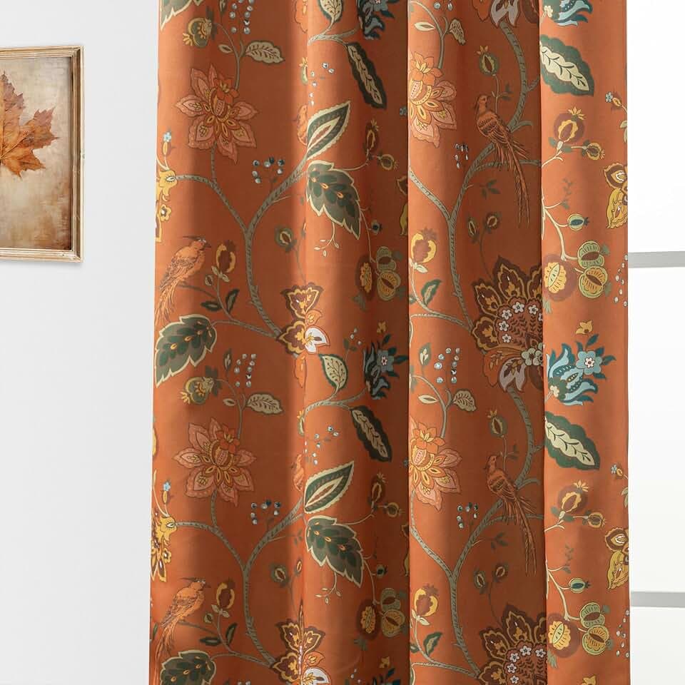 Pattern Black Out Curtains 96 Inches Long 2 Panel Set Rustic Farmhouse Blackout Curtain for Living Room,Earthy Rust Orange Olive Green Boho Vintage Floral Eclectic 70s Hippie Curtains for Bedroom