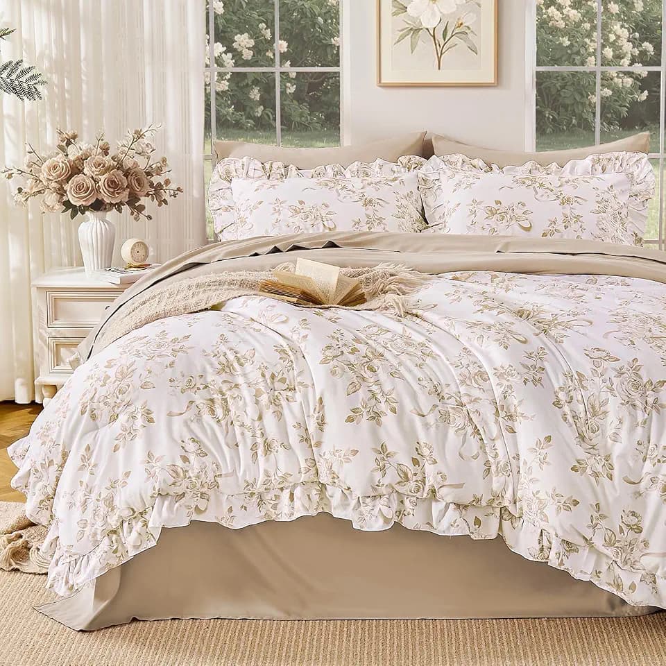 Litanika Beige Floral Queen Size Comforter-7 Piece Ruffle Bedding