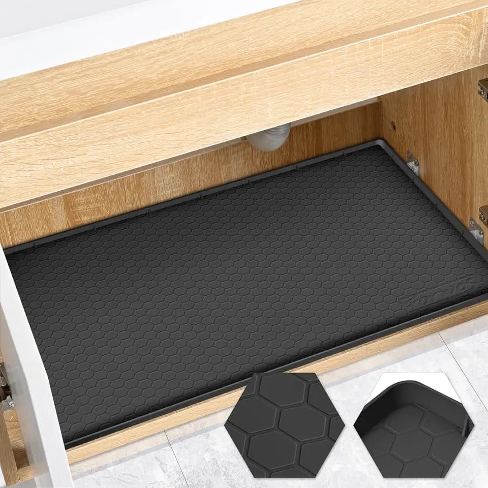 Silicone Under Sink Mat, 28"x19", Waterproof Cabinet Liner, Black