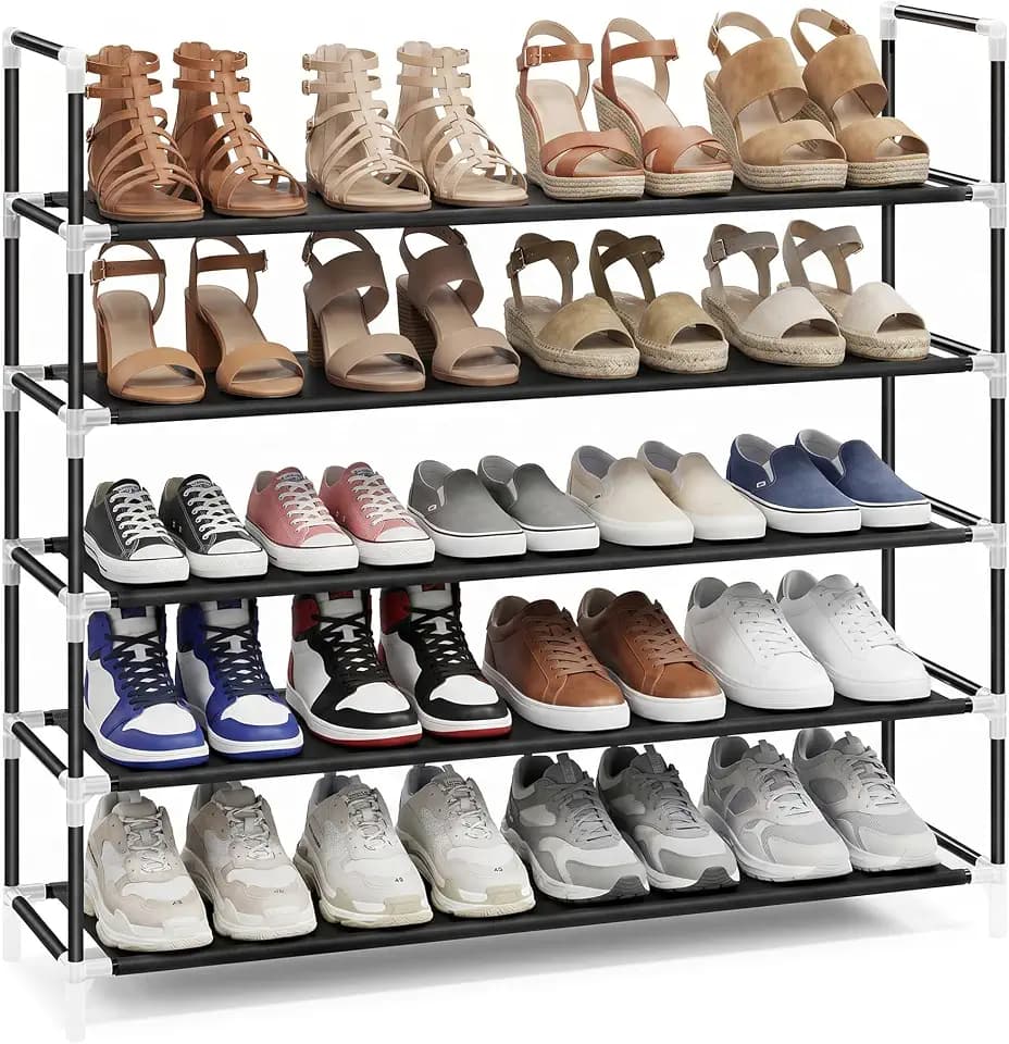 SONGMICS HOME Slim Shoe Storage Organizer, 5-Tier Metal Shoe Rack, for Hallway Closet, Non-Woven Fabric Shelves, Black