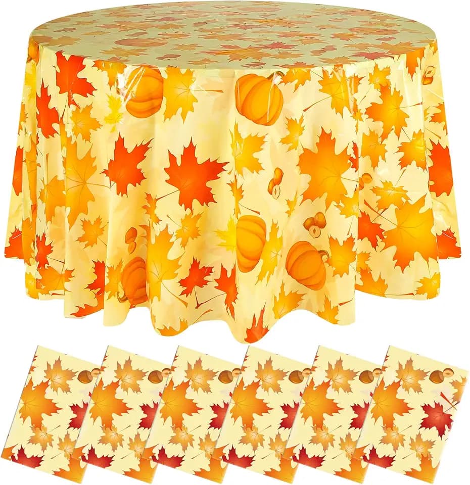 LemonRoad 12 Pcs Fall Plastic Round Tablecloth Autumn Circular Table Cloth