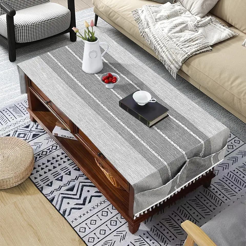 Coffee Table Cloth, Grey Coffee Table Cover with Pockets and Tassel, Living Room Small Rectangle Tablecloths Washer Dryer Fridge Top Dust Cover, Easy Care Machine Washable