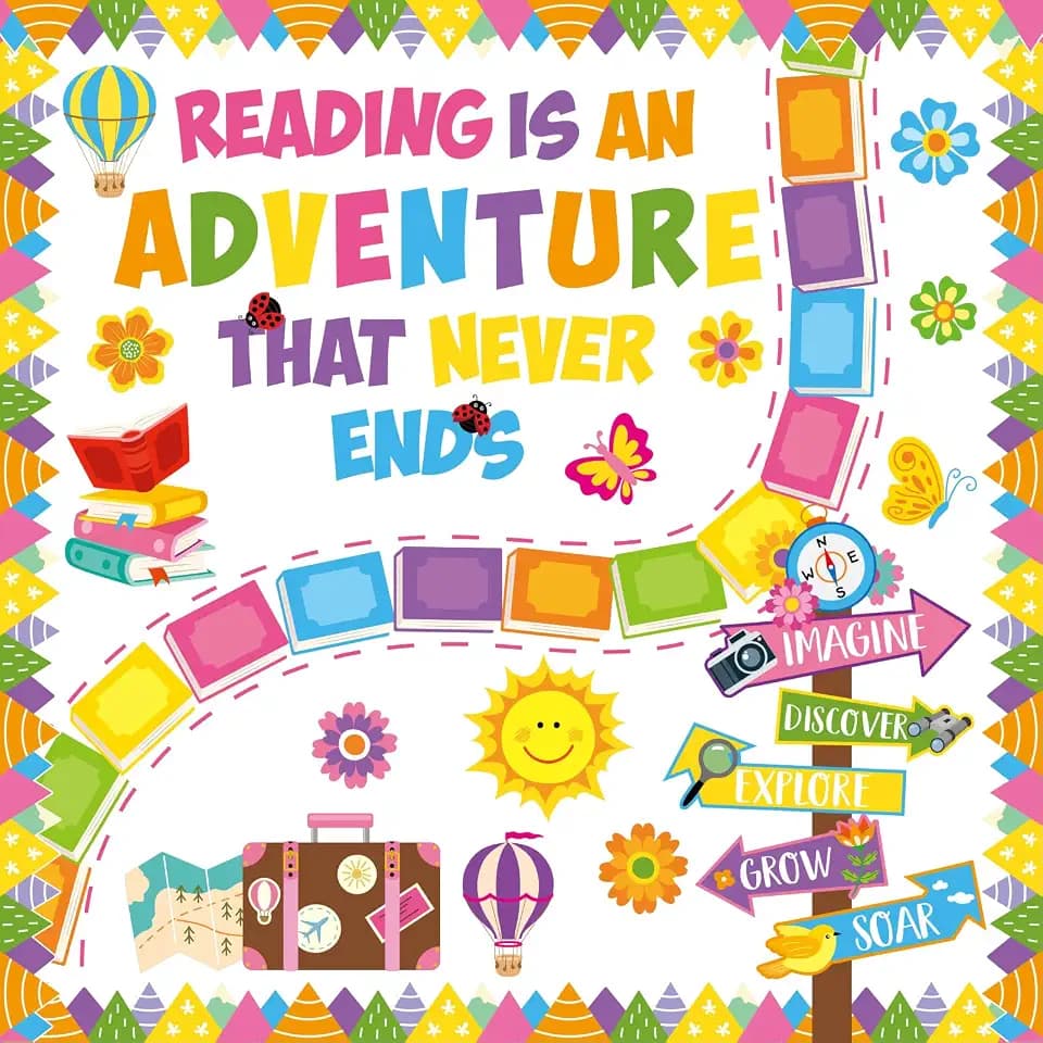 Honoson 55 Pcs Reading Bulletin Board Set, Reading Adventure Cutouts, Book